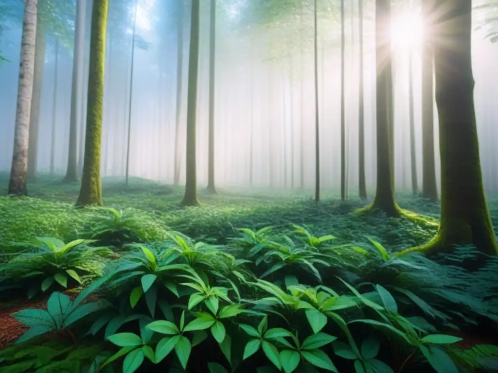 Renovación verde: paisaje boscoso vibrante y tranquilizador Recuperación postdesastre con prácticas ecológicas: bosque vibrante bajo el sol, reflejando esperanza y regeneración