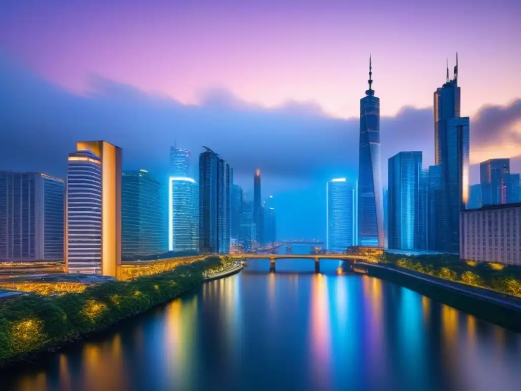 Skyline urbano al atardecer: inversión inmobiliaria internacional Potencial de inversión inmobiliaria internacional: Ciudad vibrante con rascacielos iluminados y río sereno al anochecer