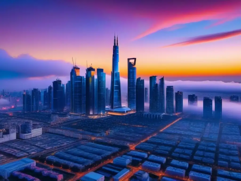 Horizonte futurista: inversión inmobiliaria internacional Potencial de inversión inmobiliaria internacional: Ciudad moderna con rascacielos de cristal reflejando el atardecer vibrante
