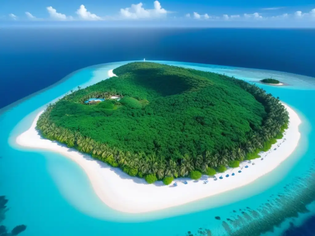 Paraíso privado: isla exclusiva con lujo y serenidad Negociar precio compra isla privada: Vista aérea de isla privada con agua turquesa, vegetación exuberante, playas blancas y lujosas villas