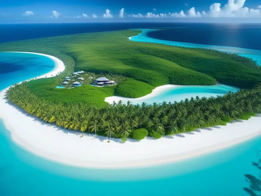 Paraíso tropical: isla privada de lujo con mar turquesa Negociar precio compra isla privada: Vista aérea de un océano turquesa rodeando una isla tropical privada con villas de lujo y una playa blanca