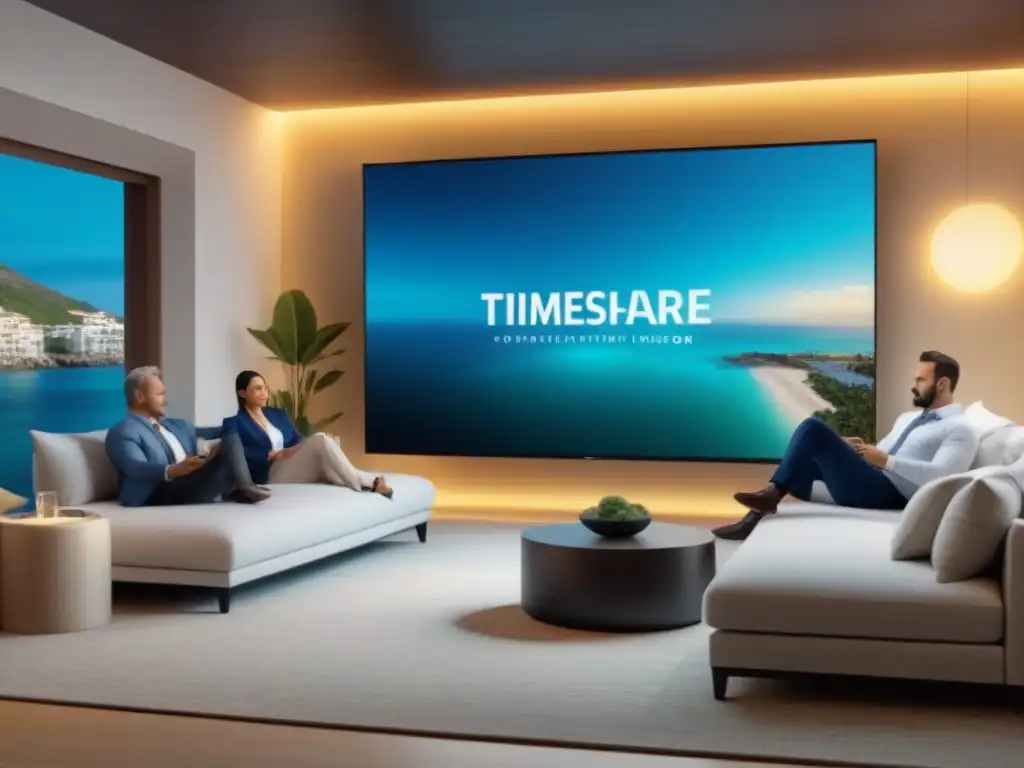 Presentación de ventas de lujo en resort: persuasión y exclusividad Una presentación de ventas moderna en un lujoso resort de tiempo compartido, con técnicas de persuasión para atraer compradores