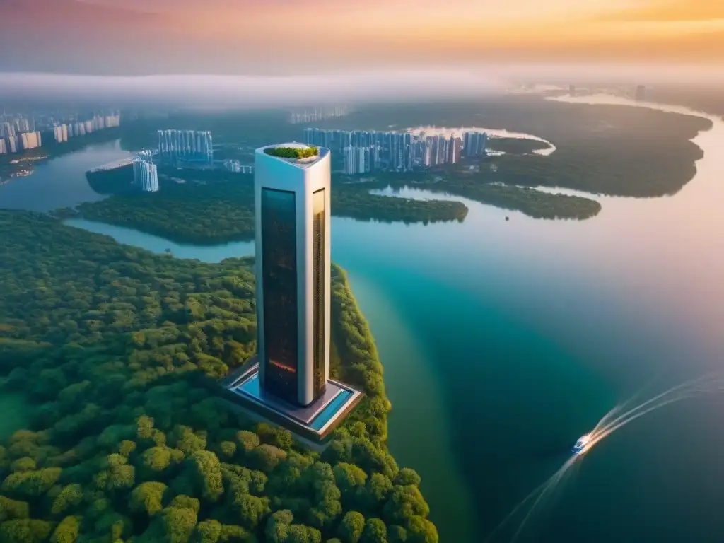 Espectacular rascacielos futurista entre naturaleza exuberante al atardecer Presentaciones inmobiliarias para inversores globales: Un rascacielos futurista rodeado de vegetación, reflejado en un lago al atardecer