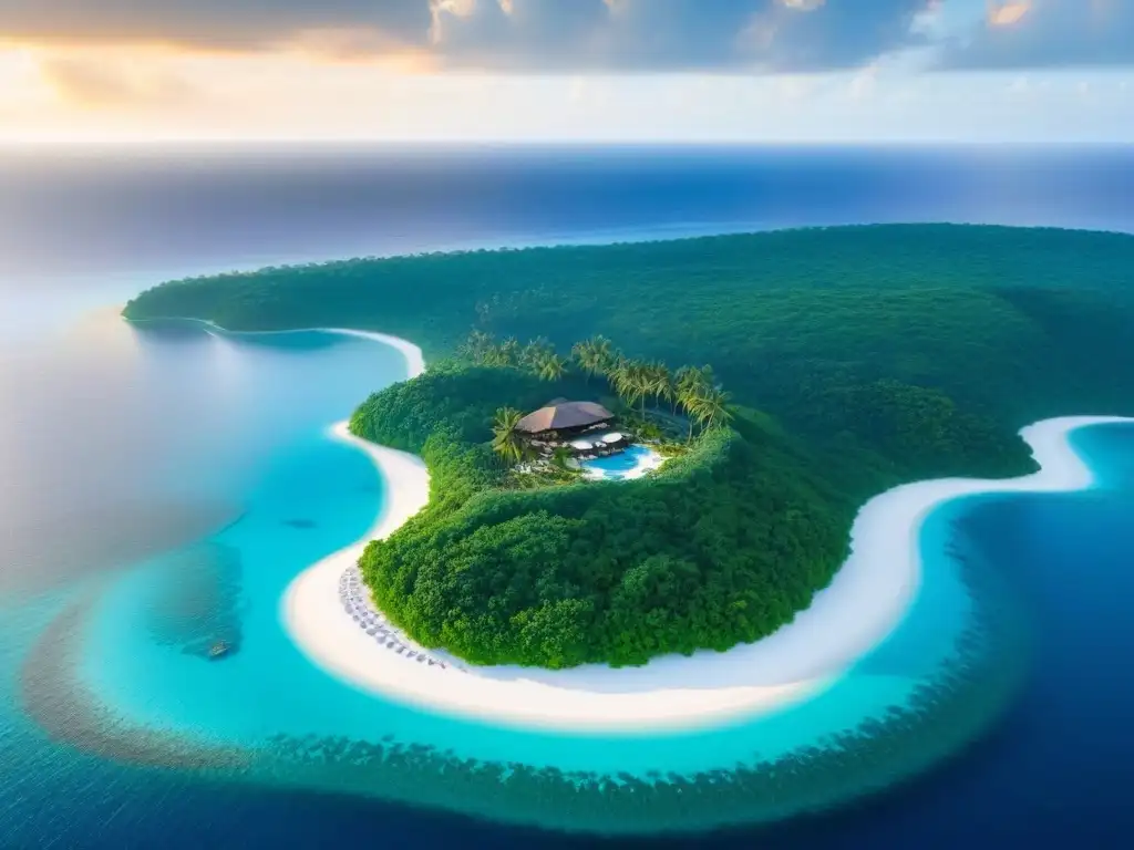 Paraíso exclusivo: isla privada de lujo con vistas impresionantes Selección isla privada resort lujo: Vista aérea impresionante de paraíso exclusivo con aguas turquesas y lujosas villas con piscinas infinitas