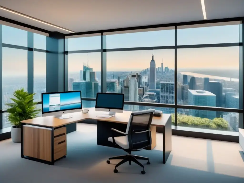 Oficina moderna con agente inmobiliario analizando datos Un profesional agente inmobiliario analizando datos en una moderna oficina con vista a la ciudad