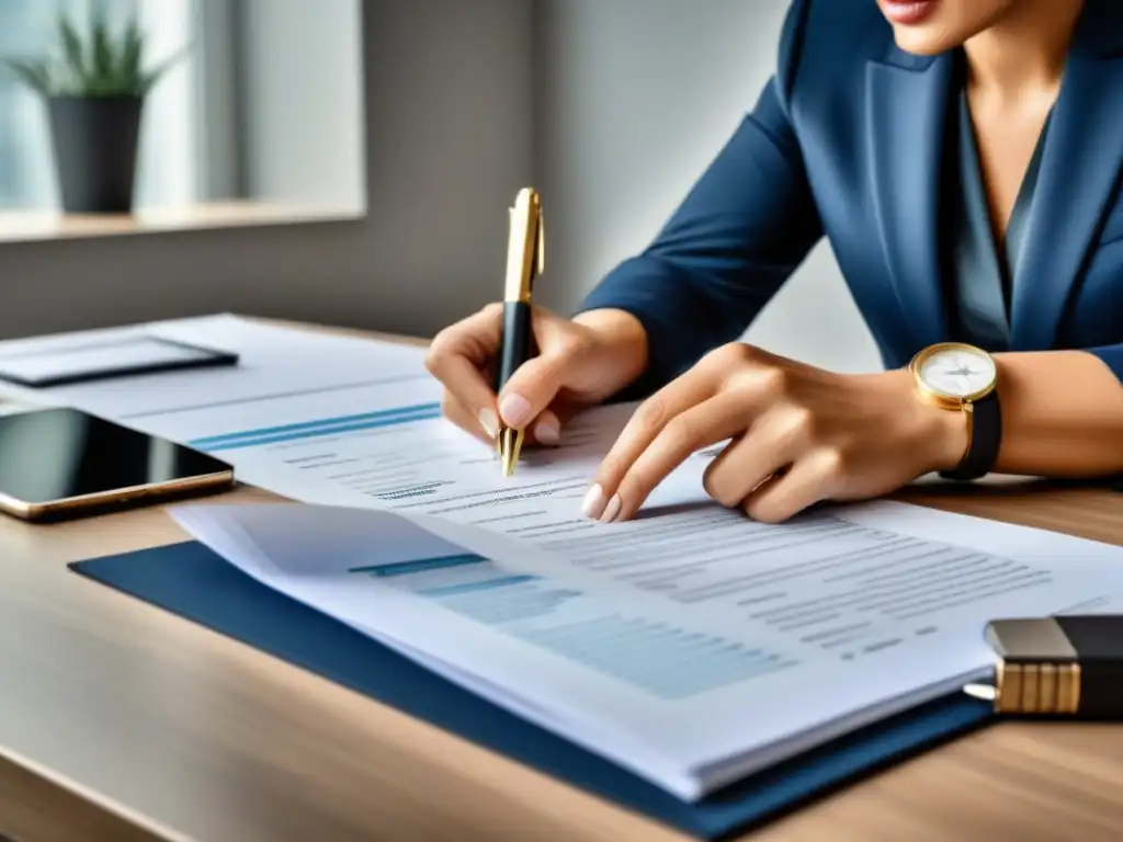 Exhaustiva revisión de documentos inmobiliarios: proceso de due diligence Un profesional examina minuciosamente documentos inmobiliarios con lupa, rodeado de herramientas modernas