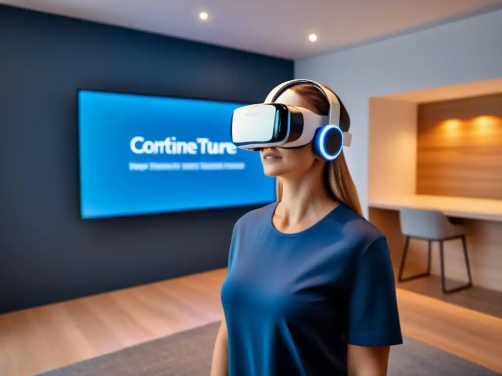 Realidad virtual: tour inmersivo de lujo en edificio futurista Profesional inmobiliario usando tecnología en Due Diligence Inmobiliaria para tour virtual de edificio de lujo en realidad virtual