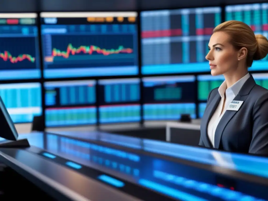 Mercado de valores en acción: profesionales financieros concentrados en la bolsa de valores Profesionales en ajetreada bolsa de valores con datos financieros en tiempo real