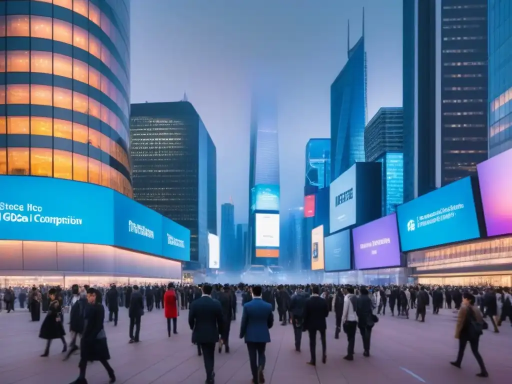 Metrópolis futurista en crecimiento: profesionales en acción Profesionales en ajetreada ciudad al anochecer, con rascacielos iluminados y pantallas digitales mostrando tendencias demográficas en REITs