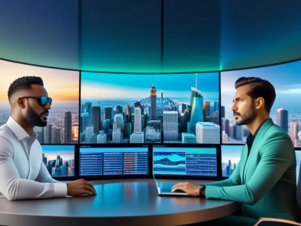 Metrópolis Futurista Latinoamericana: Análisis de Mercado Inmobiliario Profesionales realizando análisis de tasas de interés en mercado inmobiliario futurista