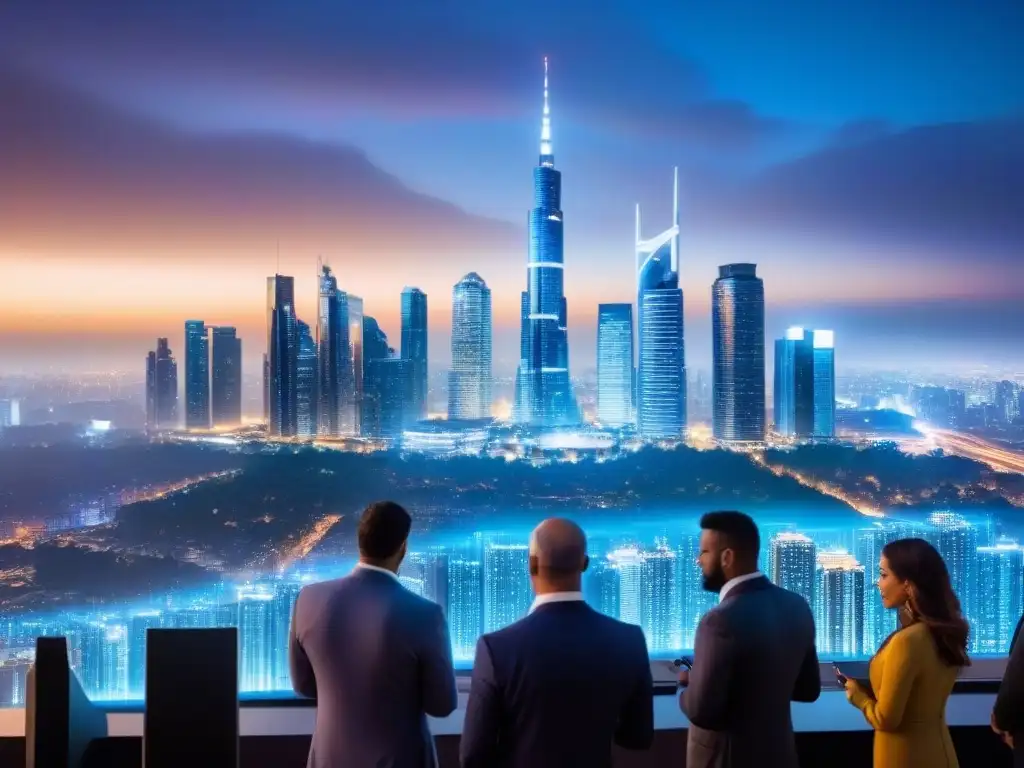 Innovación inmobiliaria: profesionales globales en ciudad futurista Profesionales en animada discusión con gráficos de mercado inmobiliario en moderna ciudad al anochecer