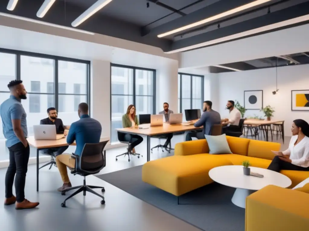 Espacio de coworking vibrante y productivo con profesionales colaborando en un entorno moderno y abierto Profesionales colaborando en un animado espacio de coworking, reflejando estrategias de rentabilidad