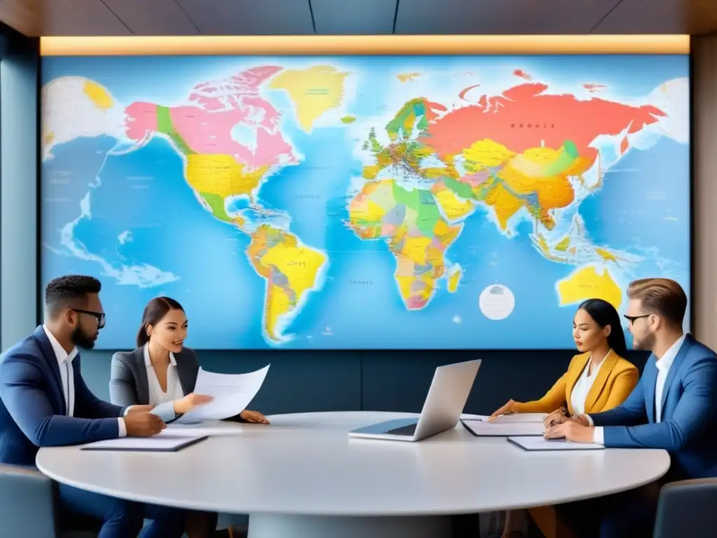 Profesionales internacionales discuten sobre propiedades Profesionales debatiendo aspectos legales propiedad internacional en sala contemporánea