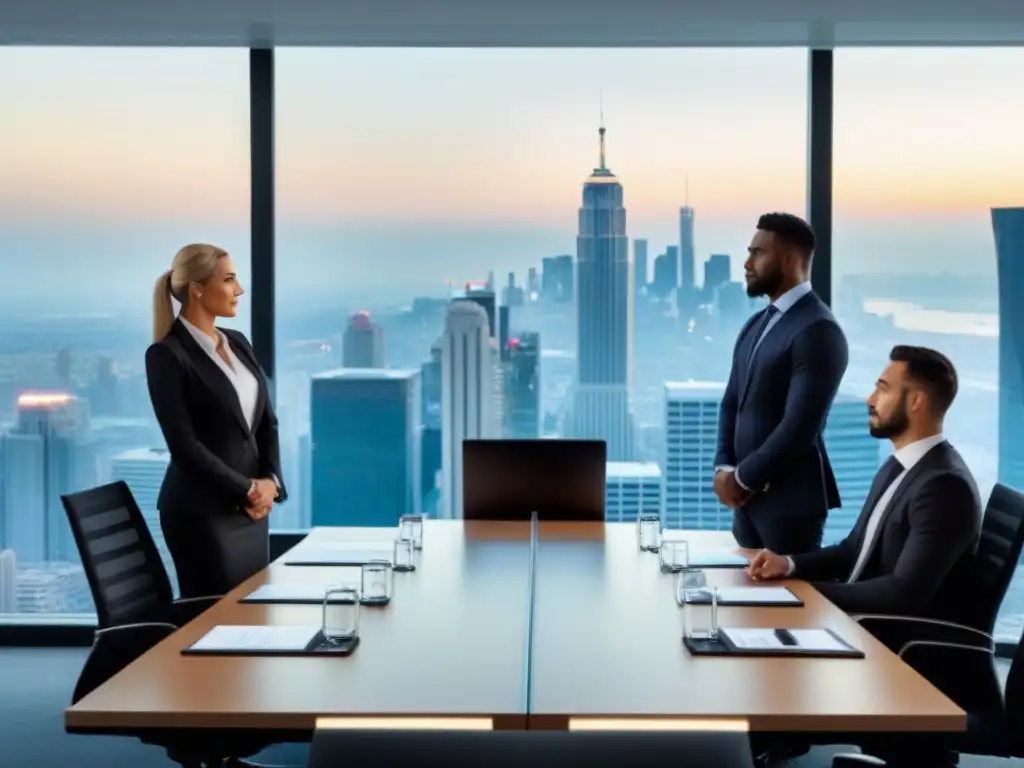 Reunión de inversores inmobiliarios en oficina moderna con vista a la ciudad al atardecer Profesionales debaten sobre beneficios inversión inmobiliaria extranjero en moderna sala de juntas con vista panorámica al atardecer