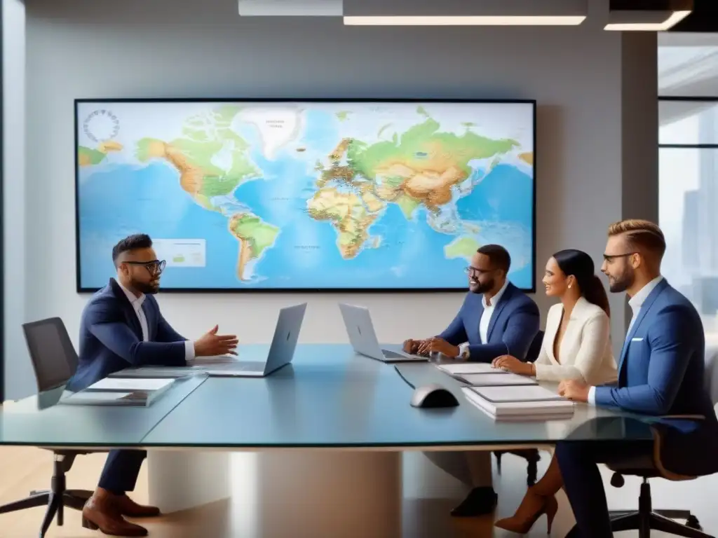 Profesionales inmobiliarios colaboran en oficina multicultural Profesionales de bienes raíces colaborando en una oficina multicultural, con tecnología moderna y artefactos culturales de diferentes países