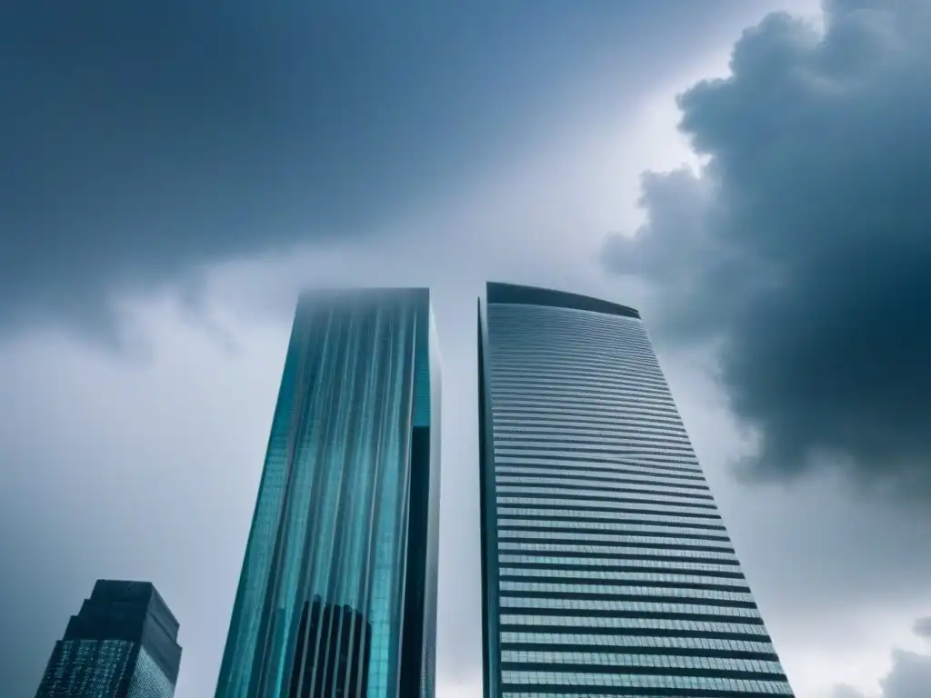 Edificio de lujo en tormenta: símbolo de protección y resiliencia en tiempos económicos inciertos Profesionales protegen cartera inmobiliaria en incertidumbre económica con edificio moderno y amenazante cielo tormentoso
