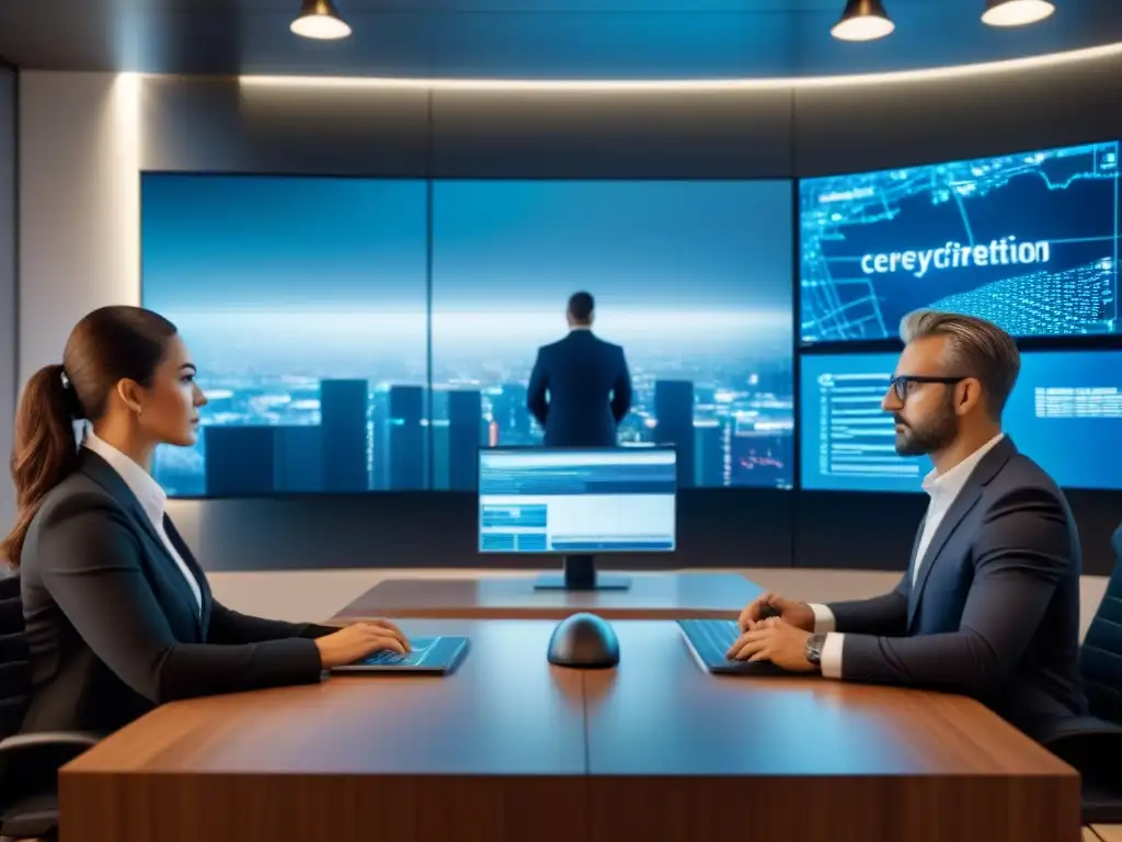Cybersecurity en Acción: Equipo Diverso en Oficina de Alta Tecnología Profesionales de ciberseguridad en reunión virtual, destacando la importancia en fusiones inmobiliarias