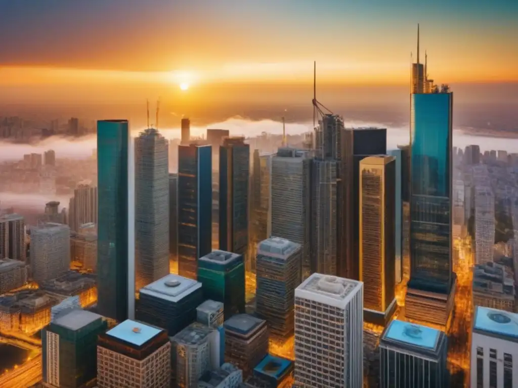 Horizonte urbano al atardecer: modernidad y consultoría inmobiliaria global Profesionales debatiendo en ciudad al atardecer, simbolizando legislación laboral en desarrollo inmobiliario