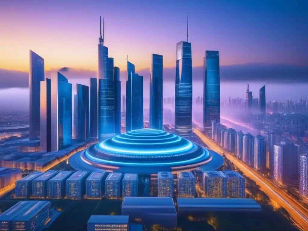 Metrópolis futurista: revolución digital en el mercado inmobiliario Profesionales en ciudad futurista con datos inmobiliarios digitales