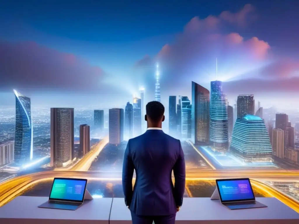 Profesionales debaten estrategias de crowdfunding inmobiliario en ciudad futurista Profesionales en una ciudad futurista al anochecer, discutiendo estrategias avanzadas de crowdfunding inmobiliario internacional
