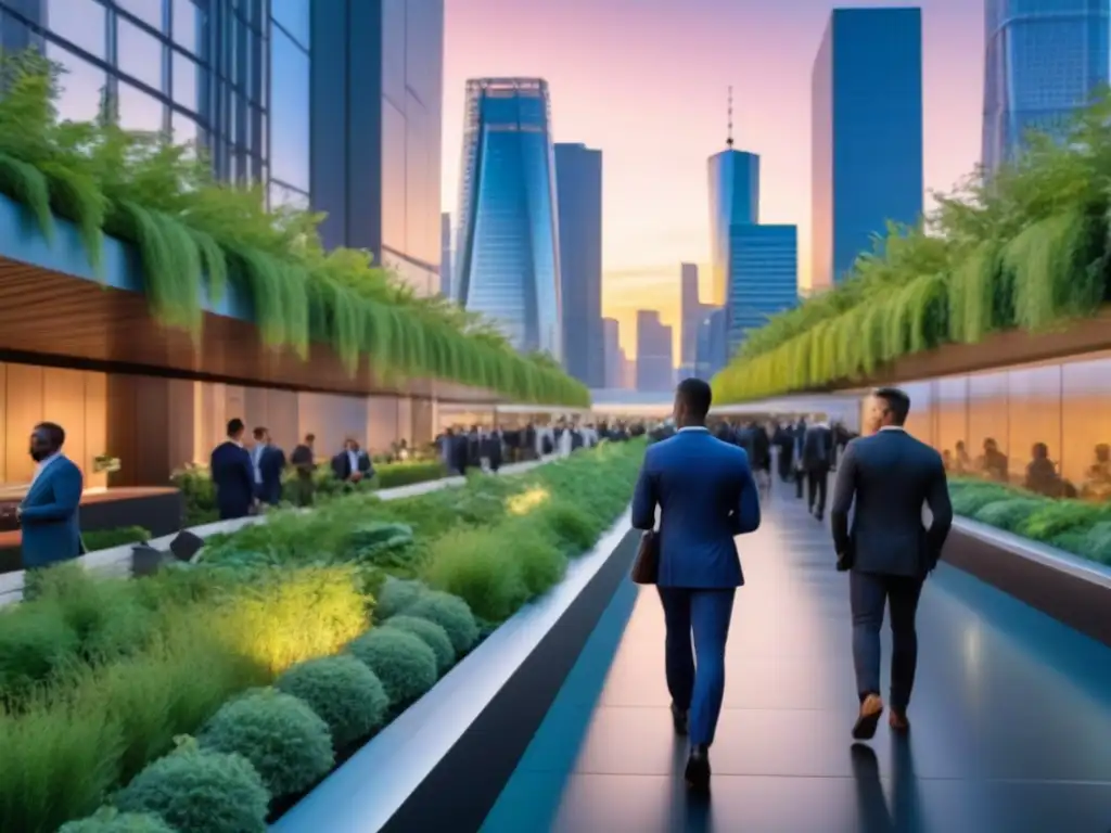 Metrópolis luminosa: innovación y colaboración en la ciudad moderna Profesionales en ciudad futurista, reflejo de resiliencia e innovación ante crisis económicas