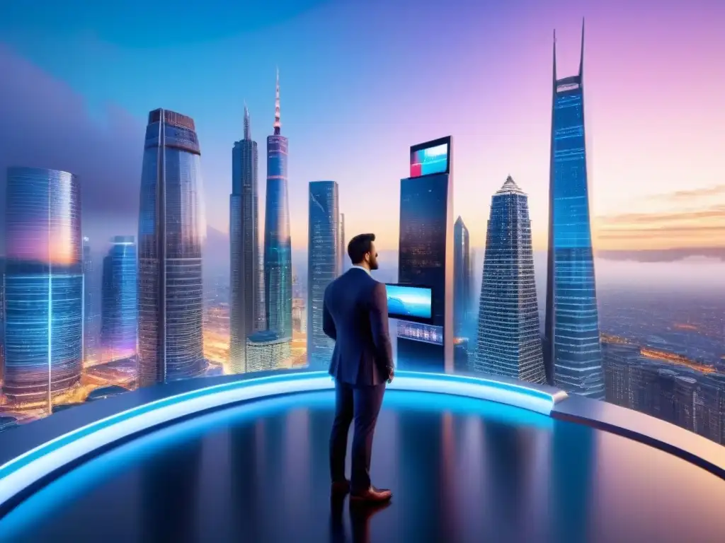 Innovación inmobiliaria: Futuro urbano digital Profesionales en una ciudad futurista, rodeados de tecnologías emergentes