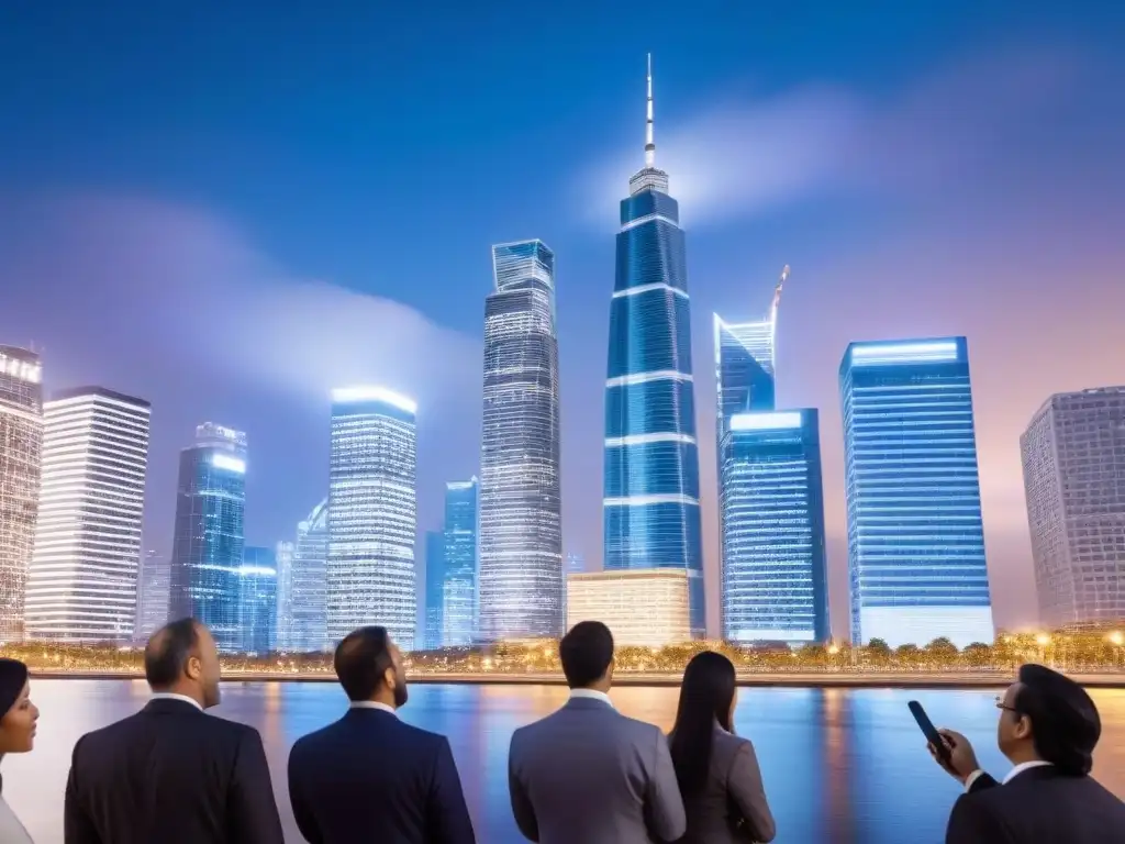 Escena urbana global: impacto de regulaciones en mercado inmobiliario Profesionales debatiendo en ciudad global a atardecer, destacando impacto regulaciones fiscales mercado inmobiliario