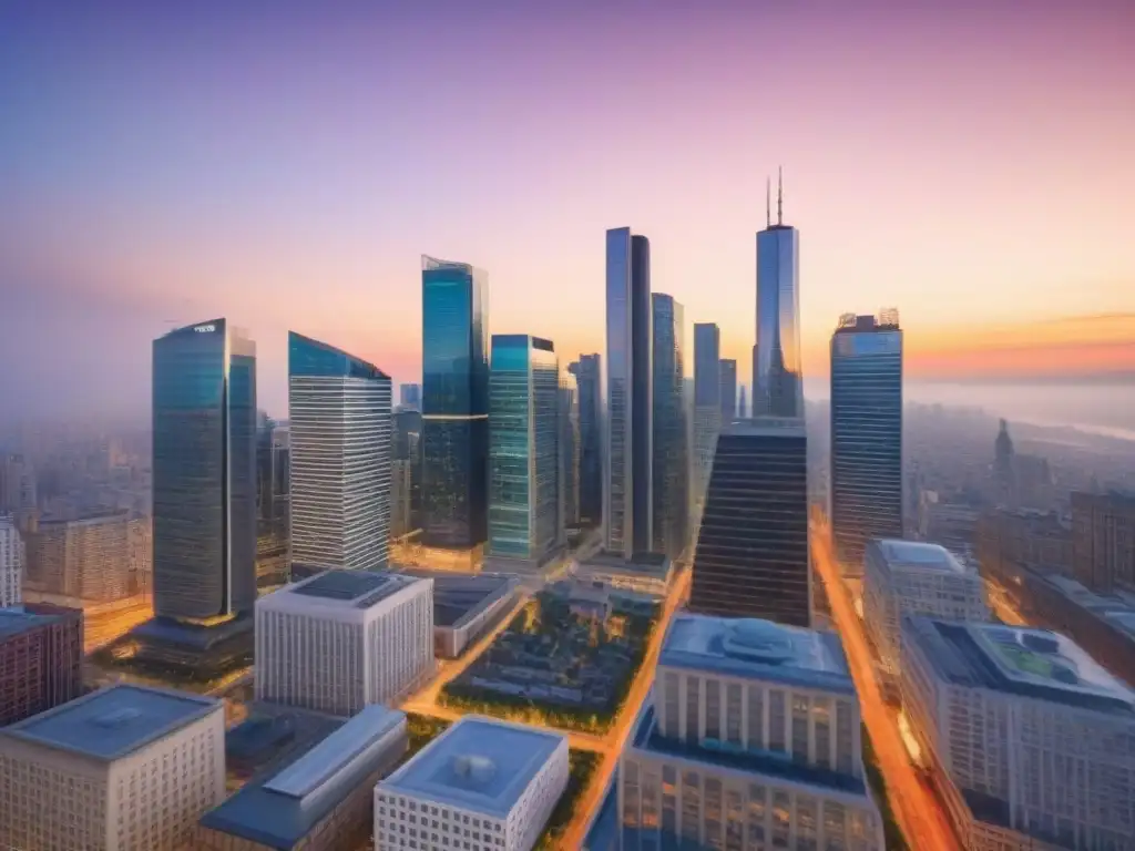 Metrópolis en Evolución: Impacto de Fusiones en el Mercado Inmobiliario Profesionales debaten en ciudad moderna, reflejando impacto de fusiones en mercado inmobiliario