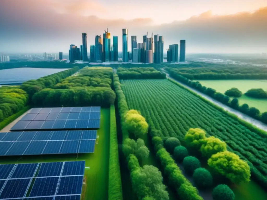 Metrópolis sostenible: innovación y colaboración en desarrollo urbano verde Profesionales colaborando en ciudad sostenible con energía renovable y finanzas verdes