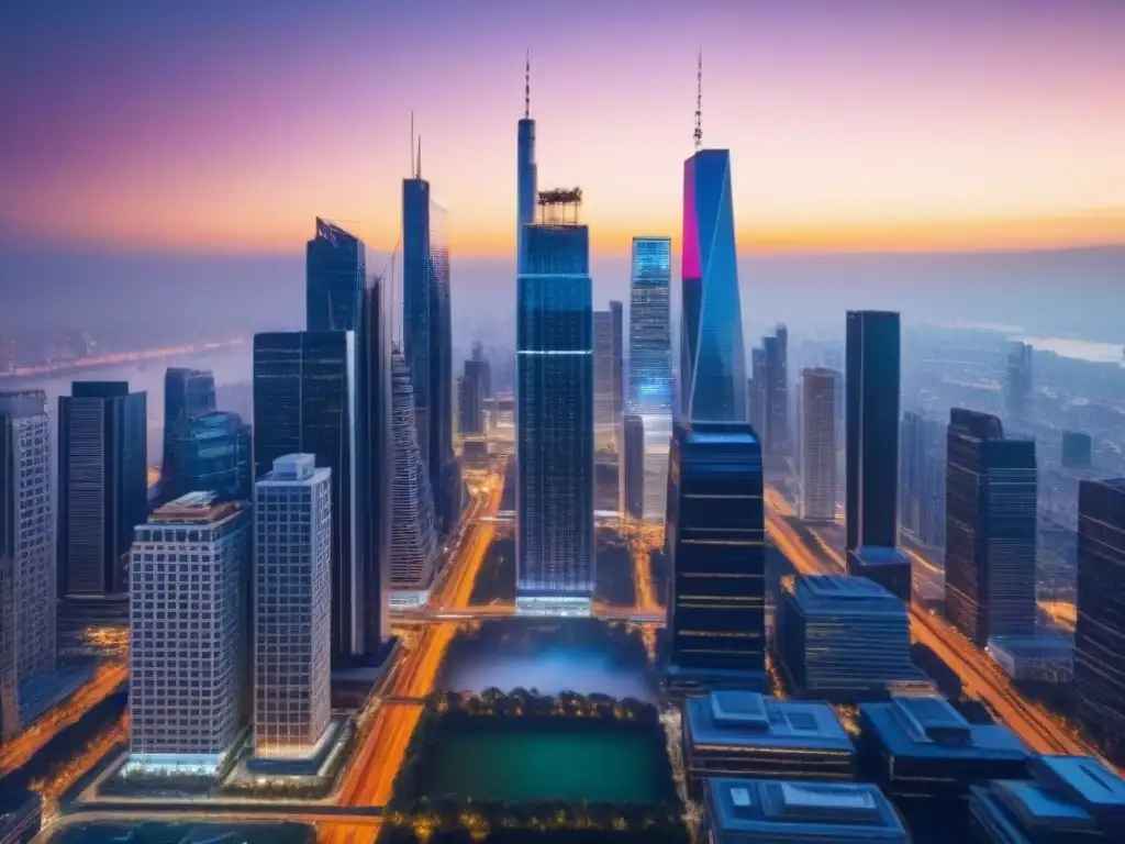 Inversores globales en ciudad dinámica al atardecer Profesionales en una ciudad vibrante al anochecer, tomando decisiones estratégicas en ubicaciones clave