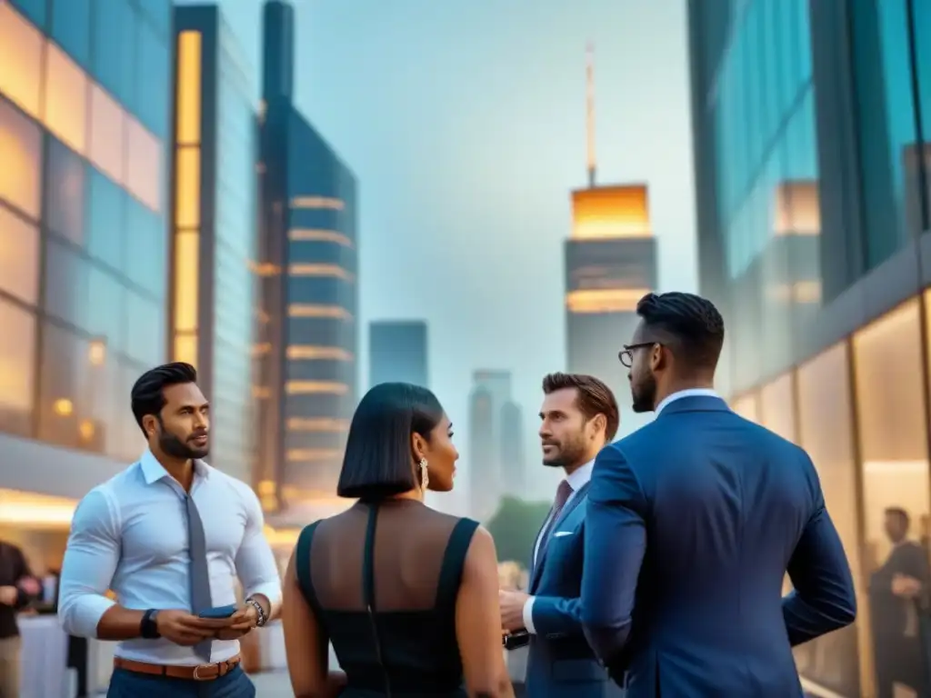 Profesionales multiculturales en ciudad moderna al atardecer Profesionales en una ciudad vibrante al anochecer, reflejando la naturaleza internacional de las Regulaciones M&A en el mercado inmobiliario