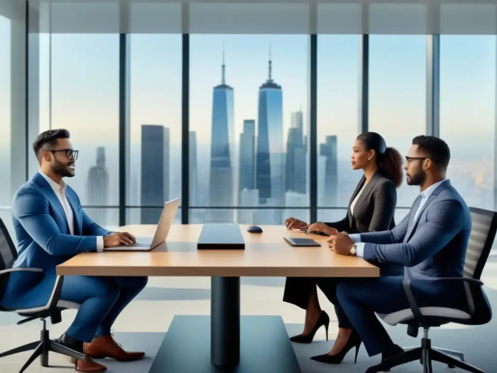 Profesionales globales debaten inversiones éticas en moderna oficina Profesionales colaborativos en oficina moderna discuten Compliance en inversiones inmobiliarias internacionales