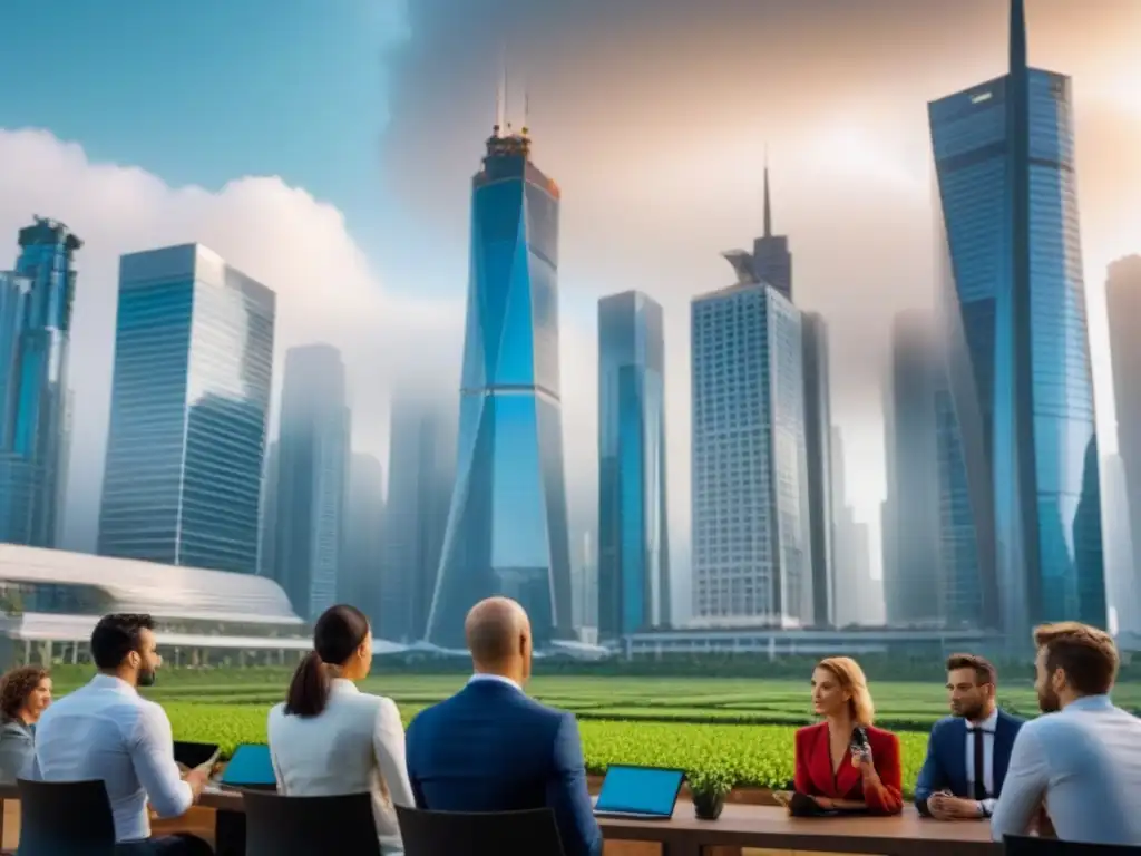 Escena futurista de mercado inmobiliario internacional en 8k Profesionales en competencia en mercado inmobiliario internacional, analizando datos y debatiendo, con arquitectura futurista y tecnología avanzada