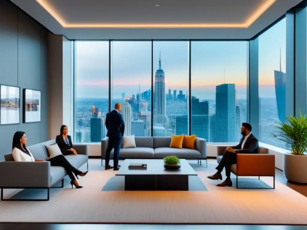 Oficina moderna con vista panorámica: colaboración global en bienes raíces Profesionales diversos construyen confianza en marca inmobiliaria en moderno lobby de oficina con vista a la ciudad