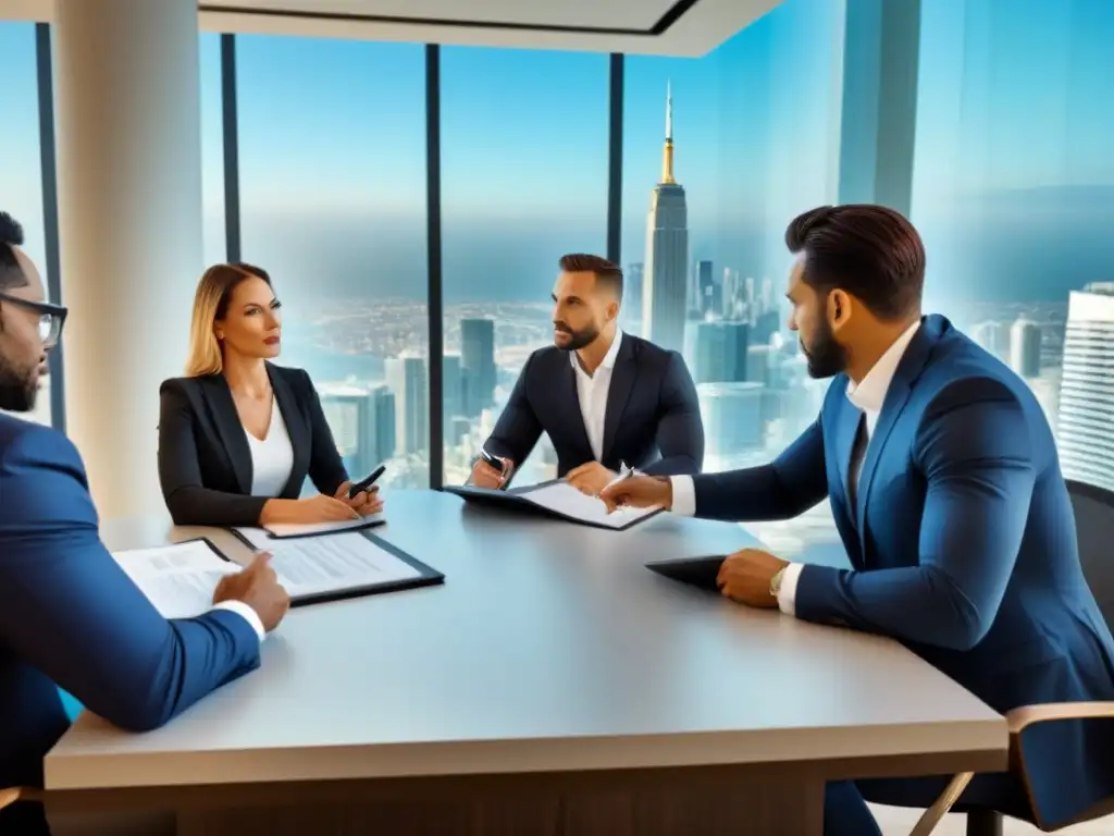 Profesionales analizan contrato de multipropiedad en oficina Profesionales discutiendo un contrato de tiempo compartido en una oficina moderna