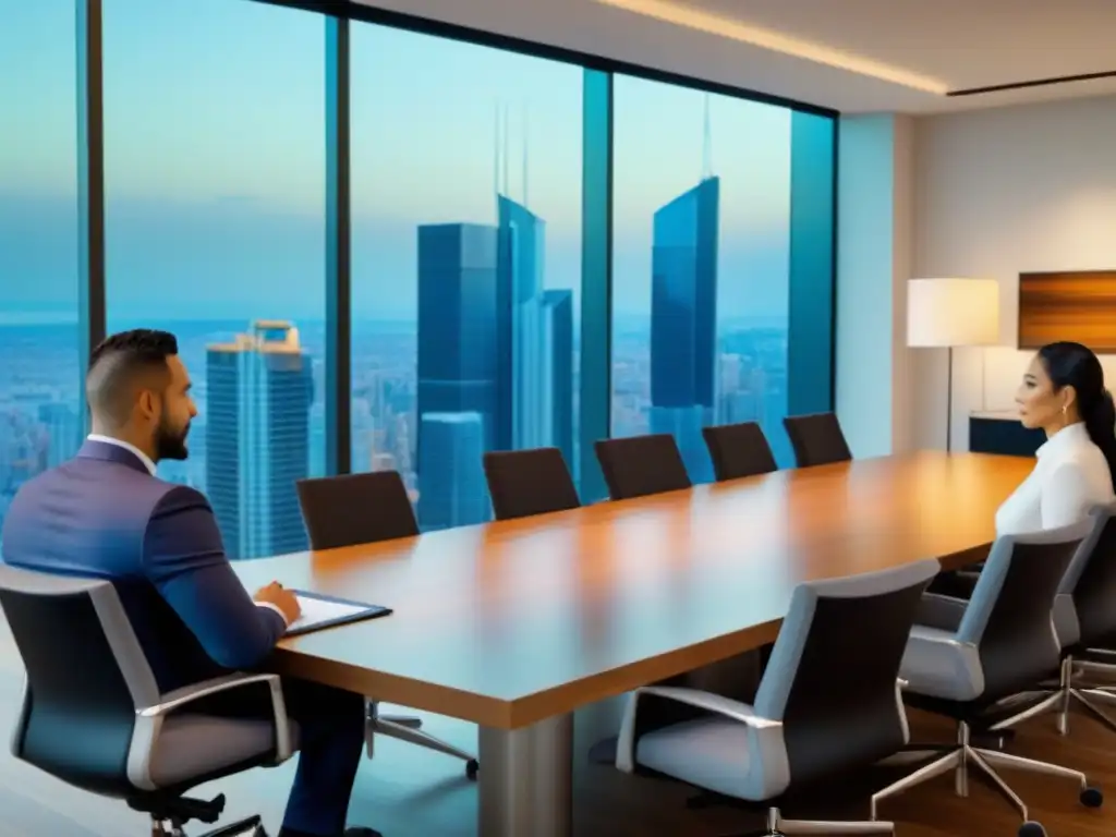 Reunión de negocios en sala moderna con profesionales diversos Profesionales discuten contratos alquiler regulaciones internacionales en sala moderna y elegante