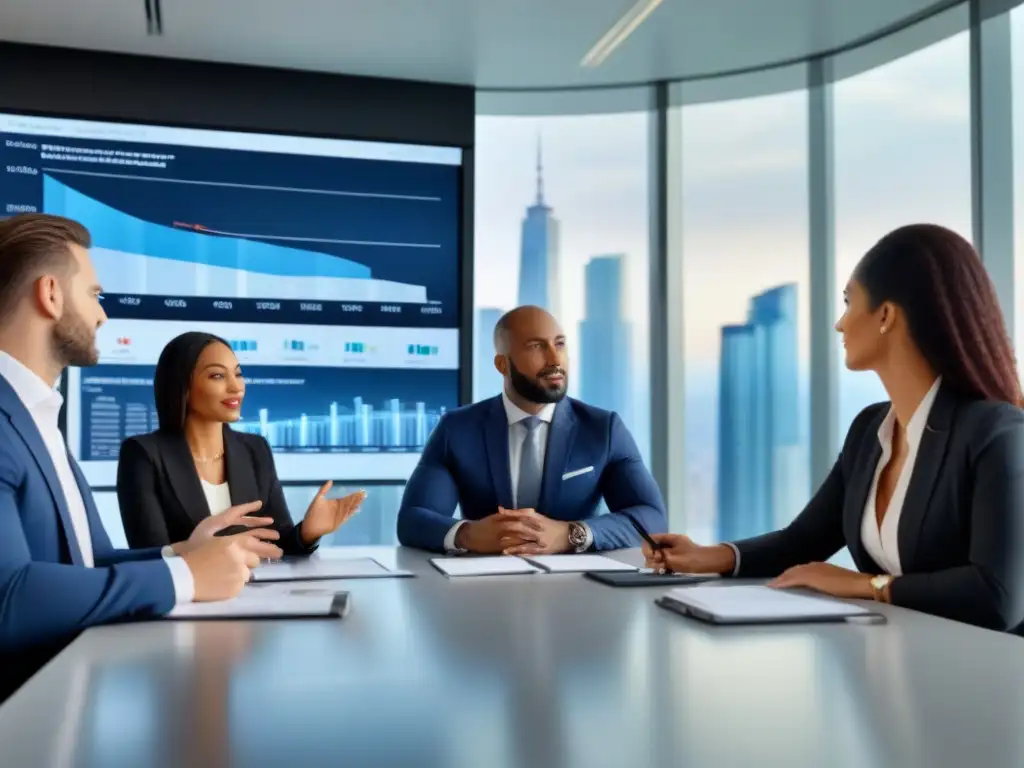Profesionales en discusión: inversión inmobiliaria ética Varios profesionales corporativos participan en una reunión centrada en tendencias de inversión inmobiliaria, con una ciudad de fondo