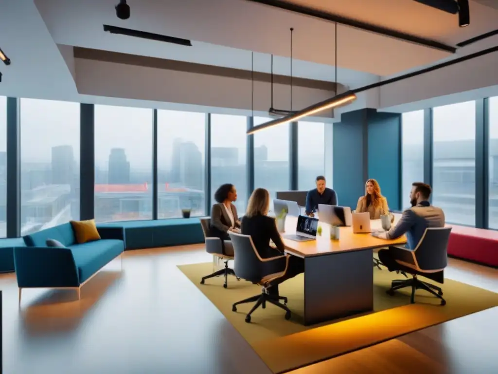 Profesionales creativos colaborando en coworking de vanguardia Profesionales colaborando en coworking con estrategias inversión mercado inmobiliario internacional