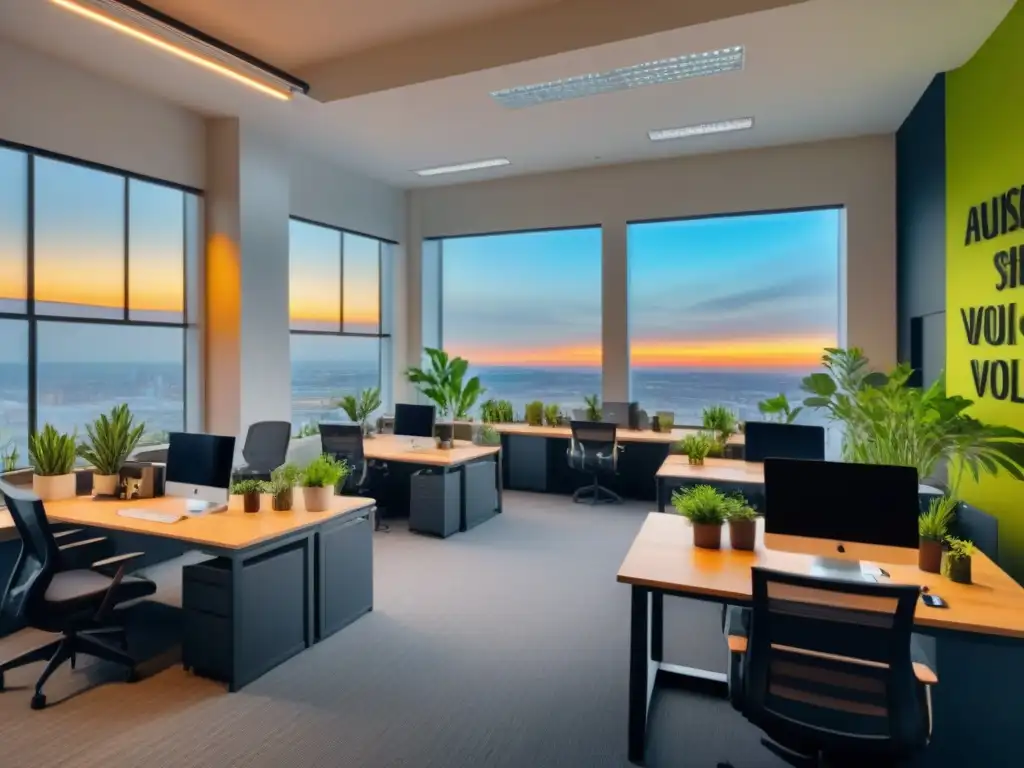 Oficina colaborativa moderna en ciudad vibrante Profesionales colaborando en un coworking vibrante y moderno, ideal para estrategias rentabilidad espacios coworking