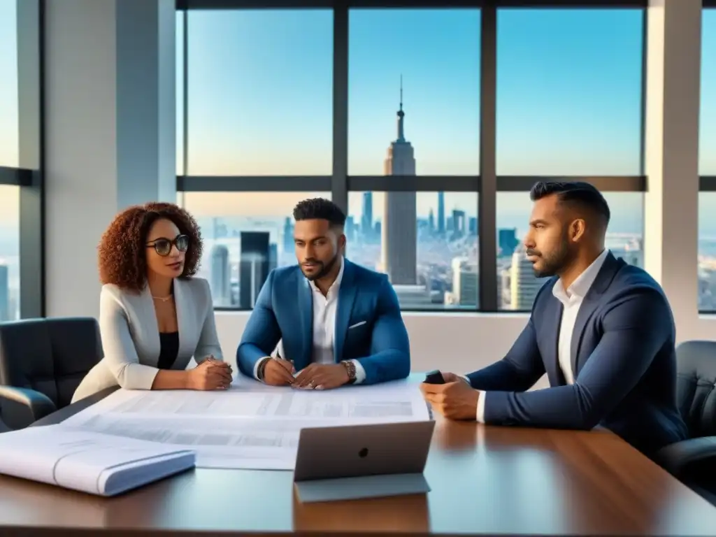 Profesionales diversificados discuten inversión inmobiliaria Profesionales discuten financiación creativa para terrenos sin desarrollar en moderna oficina con vistas a la ciudad
