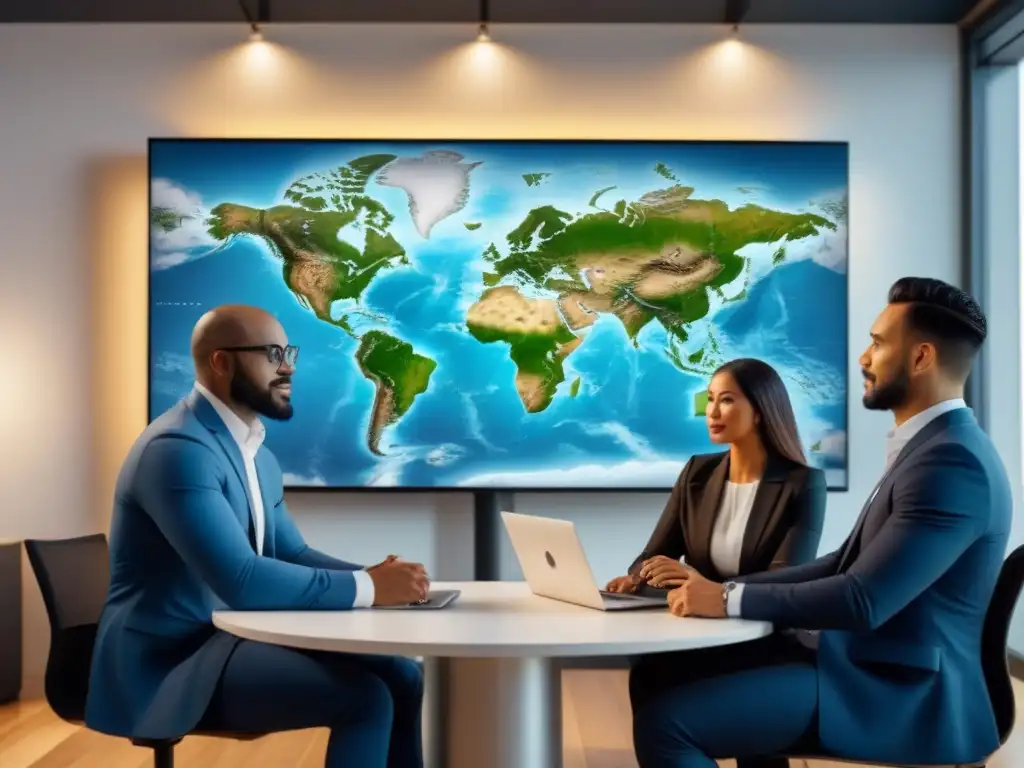 Profesionales globales debatiendo estrategias de marketing inmobiliario Profesionales de diversas culturas discuten estrategias de marketing inmobiliario adaptado a culturas en oficina moderna