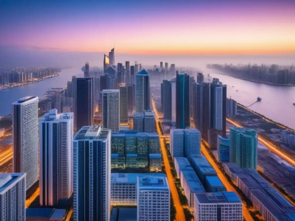 Skyline urbano al atardecer: inversión inmobiliaria en mercados emergentes Profesionales analizan datos en la ciudad al anochecer, simbolizando el impacto de políticas de vivienda en inversión inmobiliaria