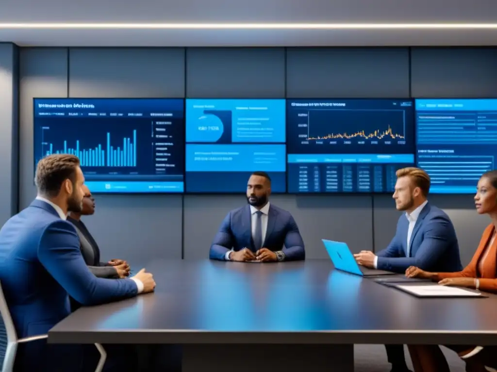 Profesionales analizan datos financieros globales en sala ultramoderna Profesionales analizando datos financieros en una sala moderna con tecnología avanzada