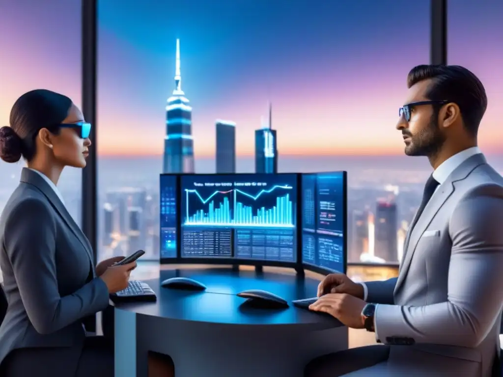 Innovación AI en el mercado inmobiliario global Profesionales discuten datos de mercado inmobiliario en ciudad futurista con IA