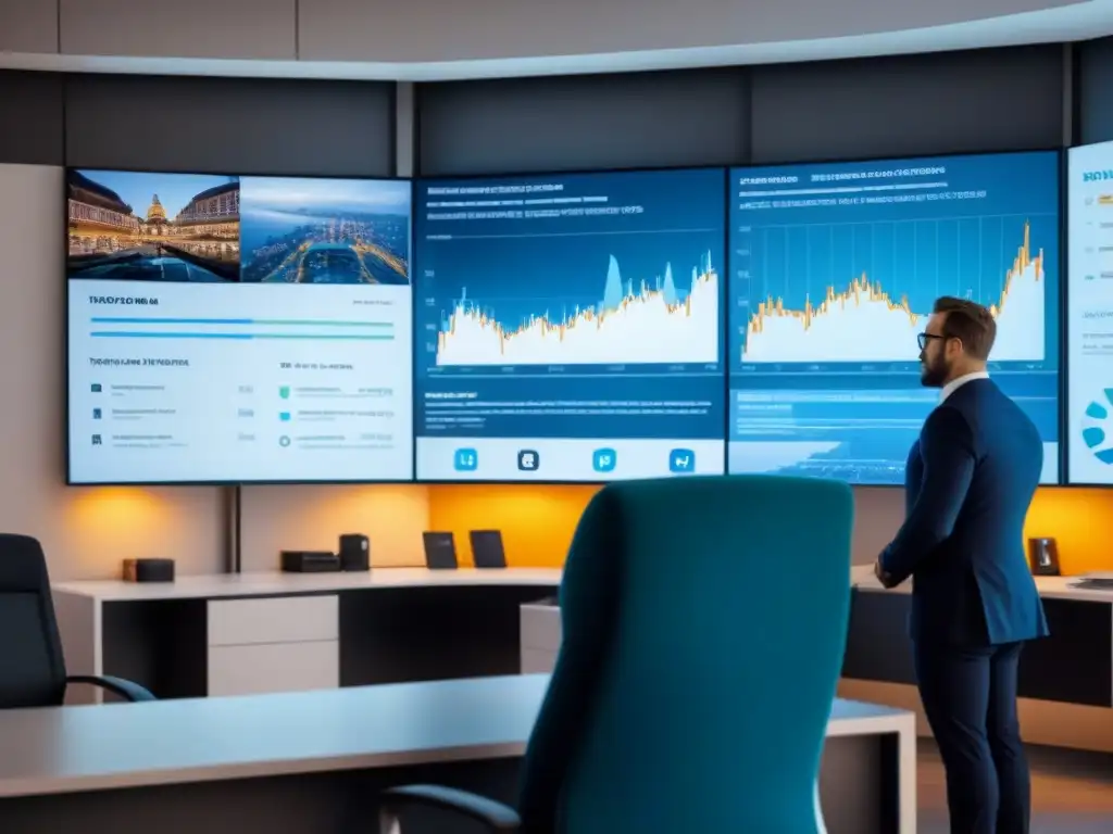 Oficina moderna con análisis de redes sociales en tiempo real Profesionales analizan datos de analítica de redes sociales inmobiliarias en moderna oficina con pantalla digital