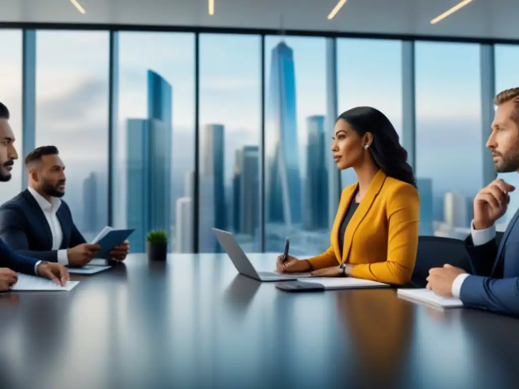 Profesionales debaten derechos de propiedad inmobiliaria internacional en oficina moderna Profesionales debaten sobre derechos de propiedad mercado internacional en moderna oficina con vista a la ciudad