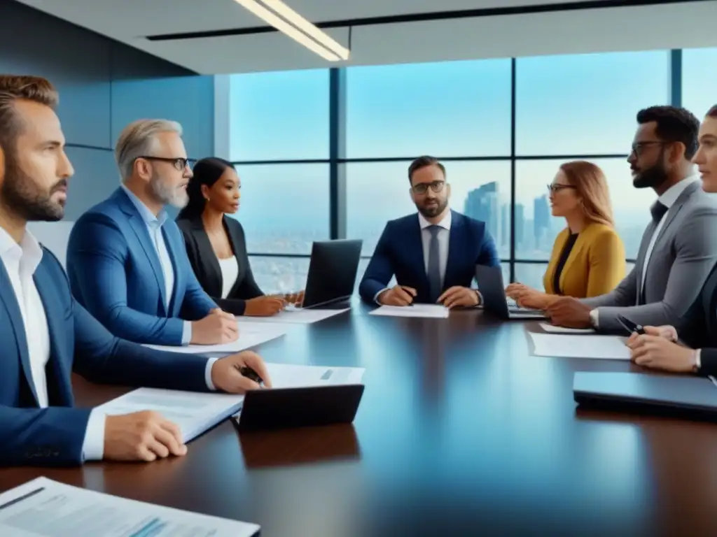 Profesionales diversificados en reunión de inversión inmobiliaria Profesionales en discusión sobre aspectos legales inversión inmobiliaria internacional en moderna oficina