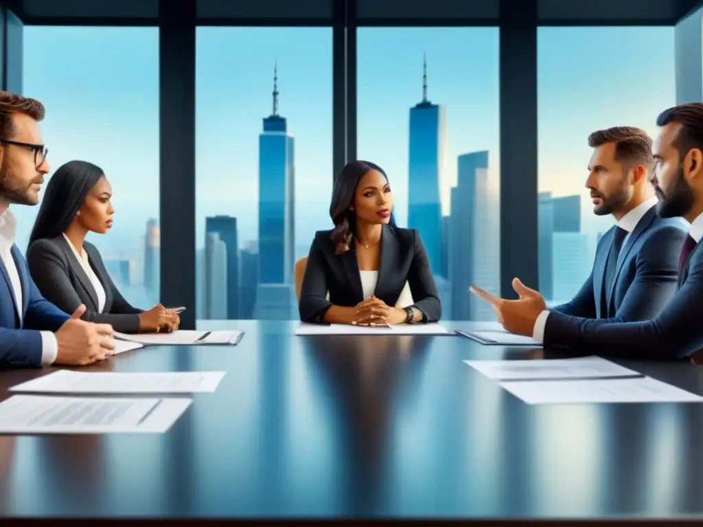 Profesionales en reunión: resolución de disputas legales Profesionales resolviendo disputas con documentos legales en moderna oficina