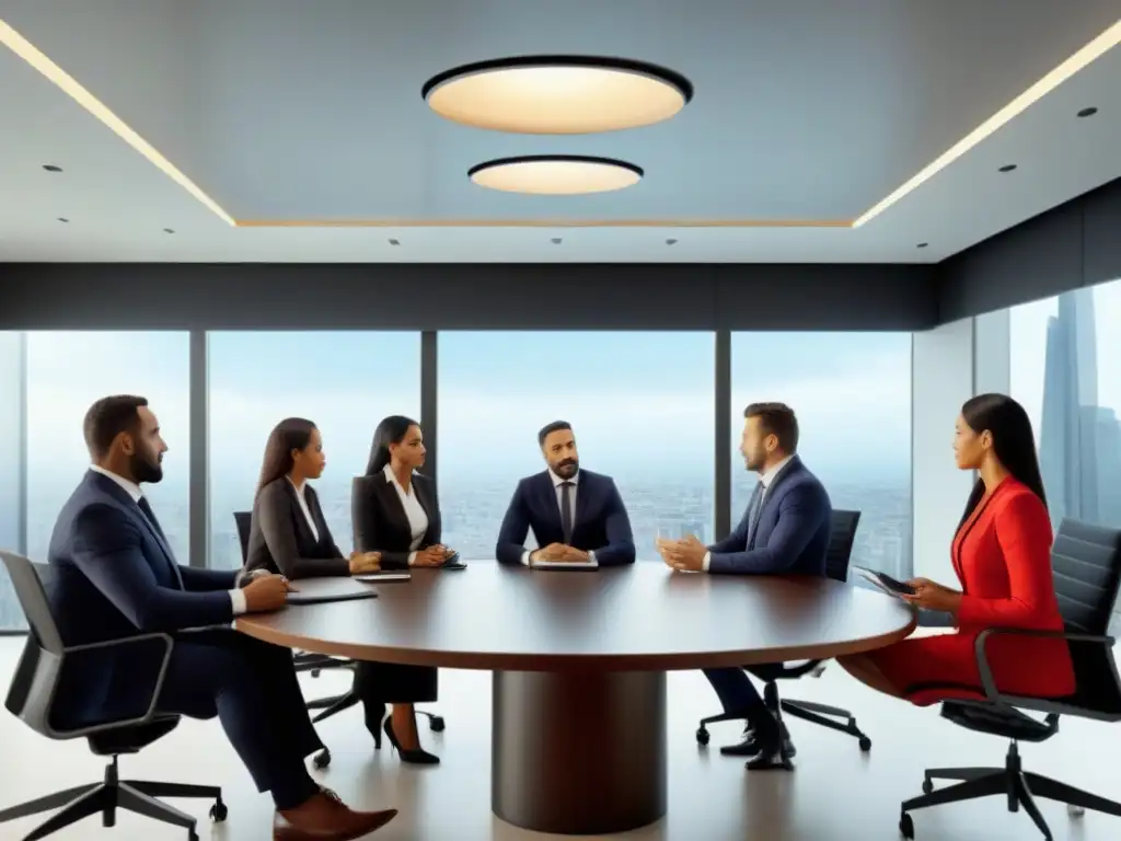 Mediación empresarial multicultural en sala de juntas moderna Profesionales resolviendo disputas de tiempos compartidos en moderna sala de juntas