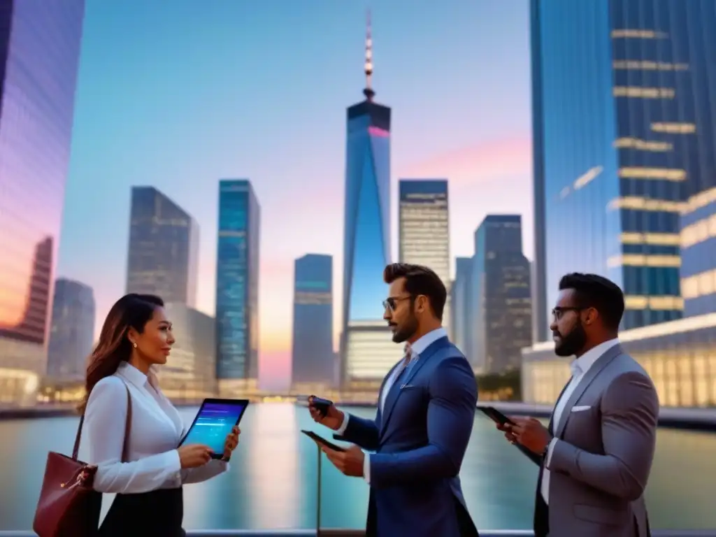 Centro financiero global: colores del atardecer y colaboración profesional Profesionales en distrito financiero internacional al anochecer, colaborando con gráficos financieros